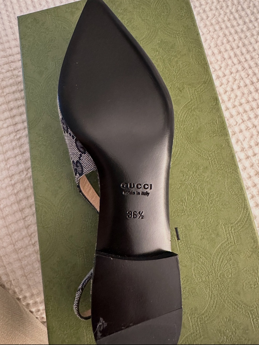 Gucci Navy/Beige GG Canvas Horsebit Slingback Flats - Picture 4 of 5